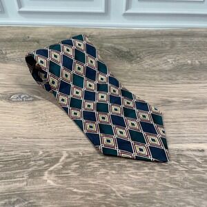 ENZO FELINI Paris Mens Handmade Silk Tie Navy Green Gold Diamond Pattern Formal